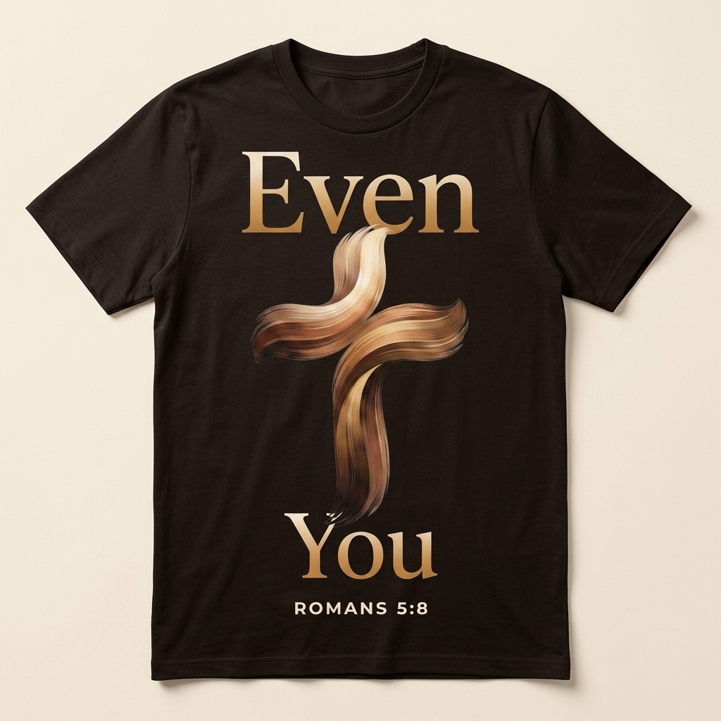 Espresso tee with the Even You cross and Romans citation