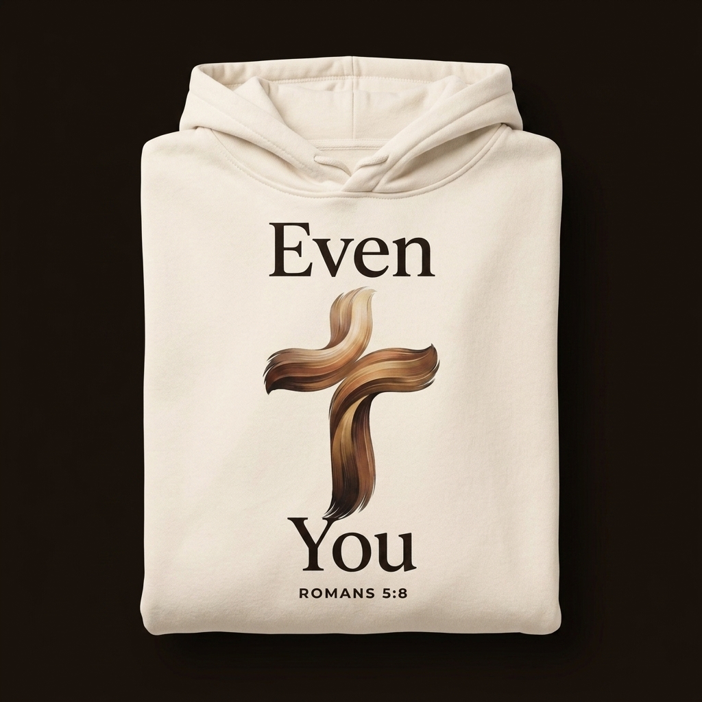 Ivory hoodie with the Even You cross and Romans citation